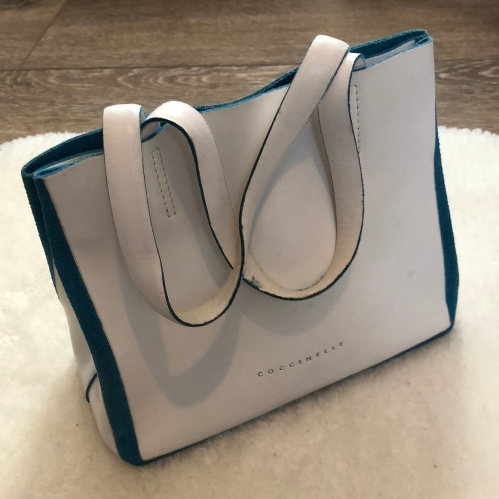 Coccinelle leather handbag small mini purse  white with blue trim EUC